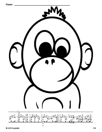 Free printable chimpanzee coloring page and word tracing worksheet, letter formation guides, perfect for preschool, pre-k, and kindergarten, PDF