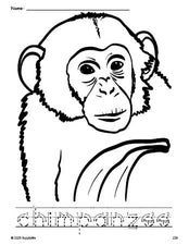 Free printable chimpanzee coloring page and word tracing worksheet, letter formation guides, perfect for preschool, pre-k, and kindergarten, PDF