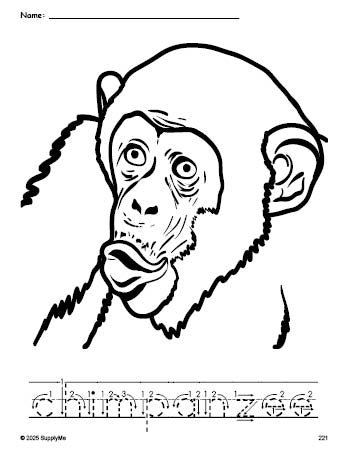 Free printable chimpanzee coloring page and word tracing worksheet, letter formation guides, perfect for preschool, pre-k, and kindergarten, PDF