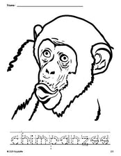 Free printable chimpanzee coloring page and word tracing worksheet, letter formation guides, perfect for preschool, pre-k, and kindergarten, PDF