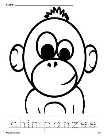 Free printable chimpanzee coloring page and word tracing worksheet, perfect for preschool, pre-k, and kindergarten, PDF