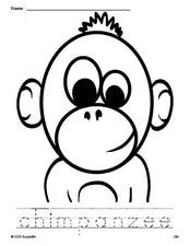 Free printable chimpanzee coloring page and word tracing worksheet, perfect for preschool, pre-k, and kindergarten, PDF