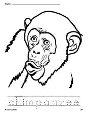 Free printable chimpanzee coloring page and word tracing worksheet, perfect for preschool, pre-k, and kindergarten, PDF