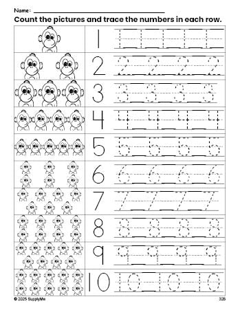 Free printable chimpanzee counting worksheet for preschool and pre-k with number tracing practice 1-10, PDF