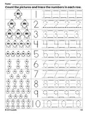 Free printable chimpanzee counting worksheet for preschool and pre-k with number tracing practice 1-10, PDF