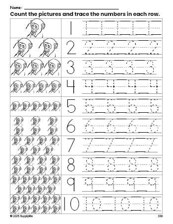 Free printable chimpanzee counting worksheet for preschool and pre-k with number tracing practice 1-10, PDF