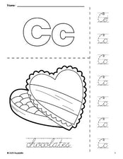 Free printable chocolates Valentine's Day coloring page and cursive letter tracing worksheet, letter c worksheet for preschool, pre-k, and kindergarten, PDF