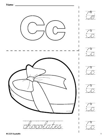 Free printable chocolates Valentine's Day coloring page and cursive letter tracing worksheet, letter c worksheet for preschool, pre-k, and kindergarten, PDF