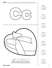 Free printable chocolates Valentine's Day coloring page and cursive letter tracing worksheet, letter c worksheet for preschool, pre-k, and kindergarten, PDF