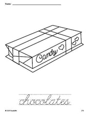 Free printable chocolates Valentine's Day coloring page and cursive word tracing worksheet, perfect for preschool, pre-k, and kindergarten, PDF