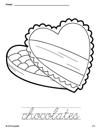 Free printable chocolates Valentine's Day coloring page and cursive word tracing worksheet, perfect for preschool, pre-k, and kindergarten, PDF