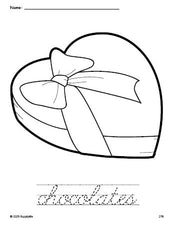 Free printable chocolates Valentine's Day coloring page and cursive word tracing worksheet, perfect for preschool, pre-k, and kindergarten, PDF