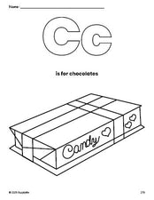 Free printable chocolates Valentine's Day coloring page, letter c coloring page for preschool, pre-k, and kindergarten, PDF