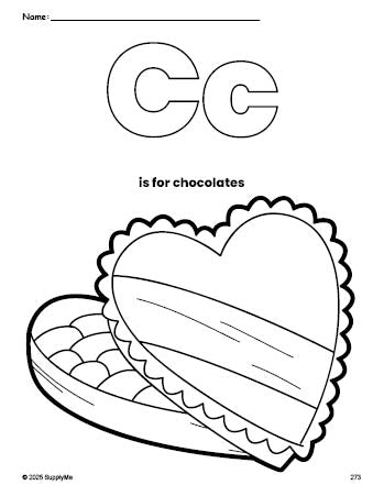 Free printable chocolates Valentine's Day coloring page, letter c coloring page for preschool, pre-k, and kindergarten, PDF