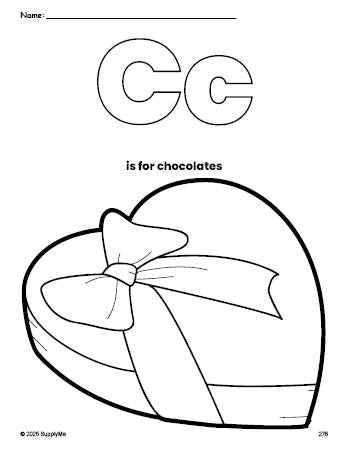 Free printable chocolates Valentine's Day coloring page, letter c coloring page for preschool, pre-k, and kindergarten, PDF