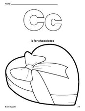 Free printable chocolates Valentine's Day coloring page, letter c coloring page for preschool, pre-k, and kindergarten, PDF