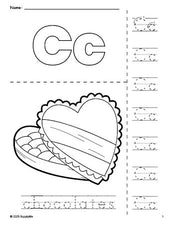 Free printable chocolates Valentine's Day coloring page and letter tracing worksheet, letter c worksheet for preschool, pre-k, and kindergarten, PDF