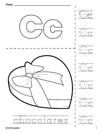 Free printable chocolates Valentine's Day coloring page and letter tracing worksheet, letter c worksheet for preschool, pre-k, and kindergarten, PDF