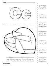 Free printable chocolates Valentine's Day coloring page and letter tracing worksheet, letter c worksheet for preschool, pre-k, and kindergarten, PDF