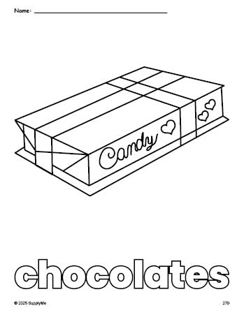 Free printable chocolates Valentine's Day coloring page for preschool, pre-k, and kindergarten, PDF