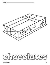 Free printable chocolates Valentine's Day coloring page for preschool, pre-k, and kindergarten, PDF