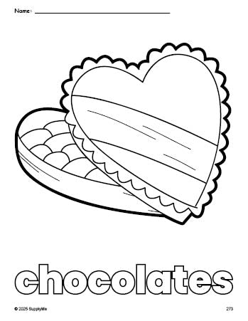 Free printable chocolates Valentine's Day coloring page for preschool, pre-k, and kindergarten, PDF