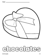 Free printable chocolates Valentine's Day coloring page for preschool, pre-k, and kindergarten, PDF