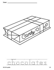 Free printable chocolates Valentine's Day coloring page and word tracing worksheet, perfect for preschool, pre-k, and kindergarten, PDF