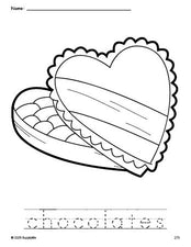 Free printable chocolates Valentine's Day coloring page and word tracing worksheet, perfect for preschool, pre-k, and kindergarten, PDF