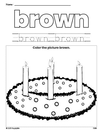 Free Christmas advent color brown coloring page and color worksheet, brown worksheet for preschoolers to learn colors, printable PDF