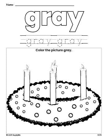 Free Christmas advent color gray coloring page and color worksheet, gray worksheet for preschoolers to learn colors, printable PDF