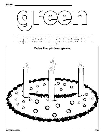 Free Christmas advent color green coloring page and color worksheet, green worksheet for preschoolers to learn colors, printable PDF