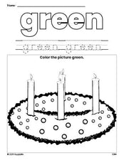 Free Christmas advent color green coloring page and color worksheet, green worksheet for preschoolers to learn colors, printable PDF