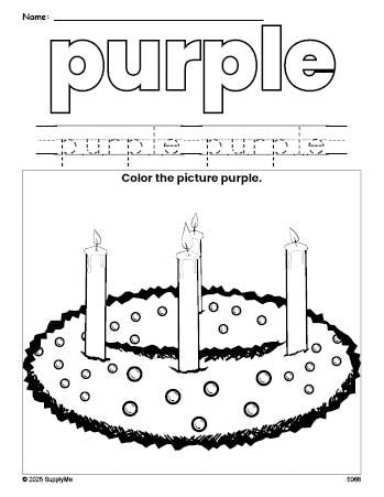 Free Christmas advent color purple coloring page and color worksheet, purple worksheet for preschoolers to learn colors, printable PDF