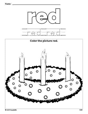 Free Christmas advent color red coloring page and color worksheet, red worksheet for preschoolers to learn colors, printable PDF