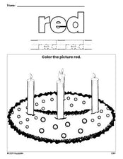 Free Christmas advent color red coloring page and color worksheet, red worksheet for preschoolers to learn colors, printable PDF