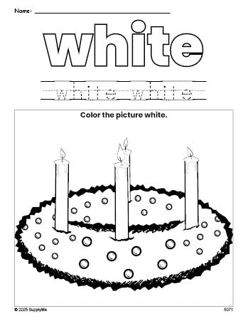 Free Christmas advent color white coloring page and color worksheet, white worksheet for preschoolers to learn colors, printable PDF