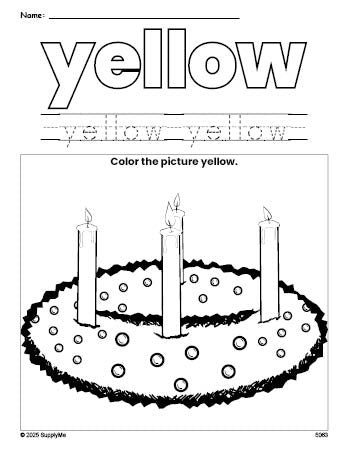 Free Christmas advent color yellow coloring page and color worksheet, yellow worksheet for preschoolers to learn colors, printable PDF