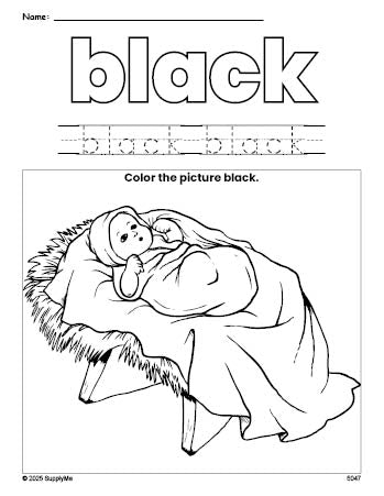 Free Christmas Baby Jesus color black coloring page and color worksheet, black worksheet for preschoolers to learn colors, printable PDF