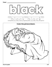 Free Christmas Baby Jesus color black coloring page and color worksheet, black worksheet for preschoolers to learn colors, printable PDF