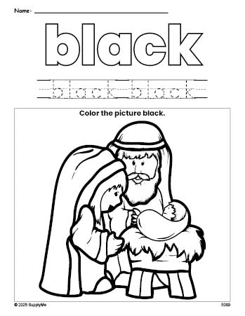 Free Christmas Baby Jesus color black coloring page and color worksheet, black worksheet for preschoolers to learn colors, printable PDF