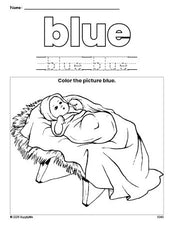 Free Christmas Baby Jesus color blue coloring page and color worksheet, blue worksheet for preschoolers to learn colors, printable PDF