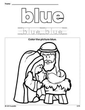 Free Christmas Baby Jesus color blue coloring page and color worksheet, blue worksheet for preschoolers to learn colors, printable PDF