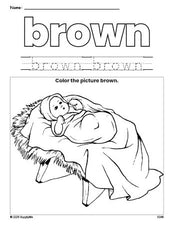 Free Christmas Baby Jesus color brown coloring page and color worksheet, brown worksheet for preschoolers to learn colors, printable PDF