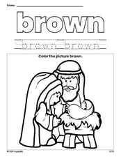 Free Christmas Baby Jesus color brown coloring page and color worksheet, brown worksheet for preschoolers to learn colors, printable PDF