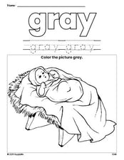 Free Christmas Baby Jesus color gray coloring page and color worksheet, gray worksheet for preschoolers to learn colors, printable PDF