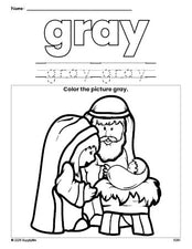 Free Christmas Baby Jesus color gray coloring page and color worksheet, gray worksheet for preschoolers to learn colors, printable PDF