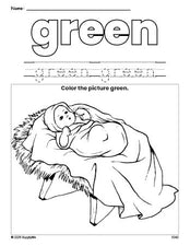 Free Christmas Baby Jesus color green coloring page and color worksheet, green worksheet for preschoolers to learn colors, printable PDF