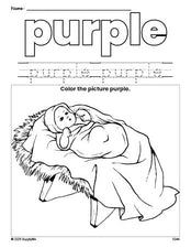 Free Christmas Baby Jesus color purple coloring page and color worksheet, purple worksheet for preschoolers to learn colors, printable PDF