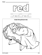 Free Christmas Baby Jesus color red coloring page and color worksheet, red worksheet for preschoolers to learn colors, printable PDF